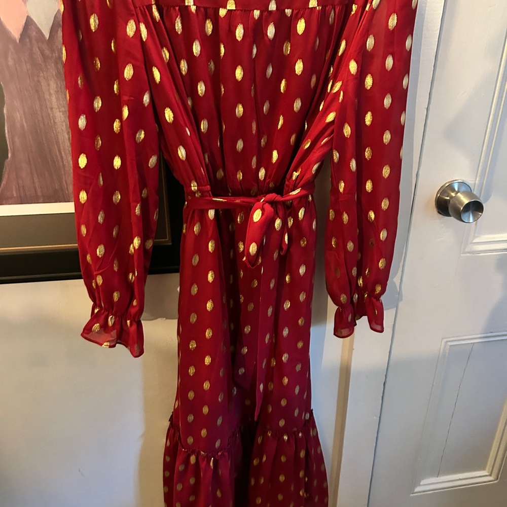 Beautiful gold and crimson dress with ruffle hem & cuff. - Picture 2 of 4